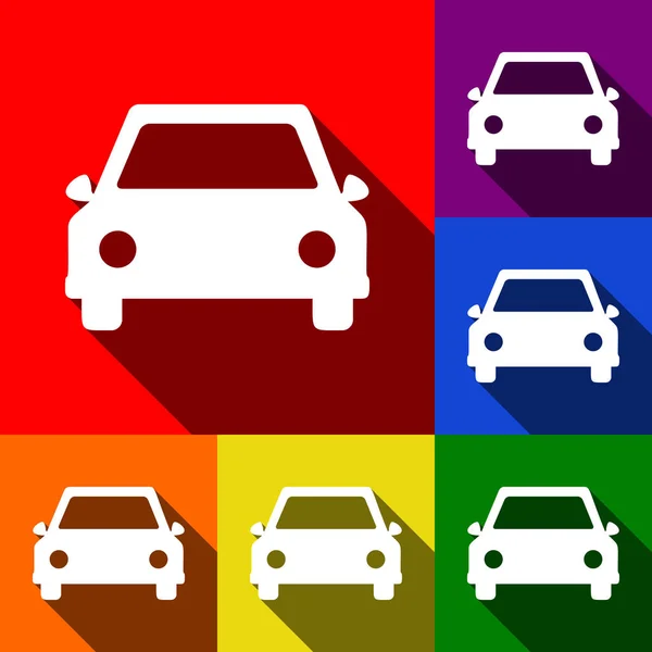 Car sign illustration. Vector. Set of icons with flat shadows at red, orange, yellow, green, blue and violet background. — Stock Vector