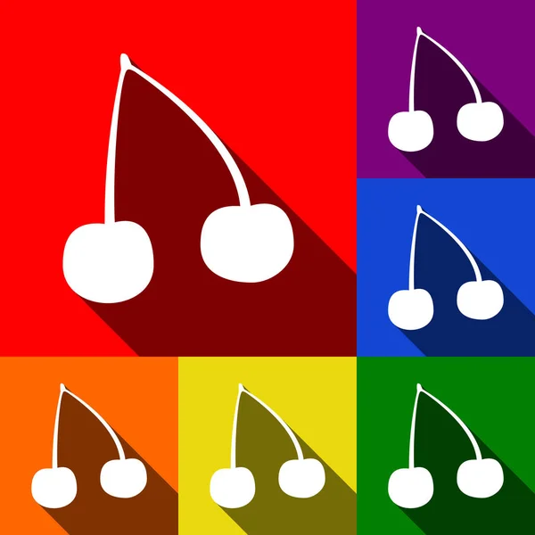 Illustrazione segno ciliegio. Vettore. Set di icone con ombre piatte su sfondo rosso, arancione, giallo, verde, blu e viola . — Vettoriale Stock