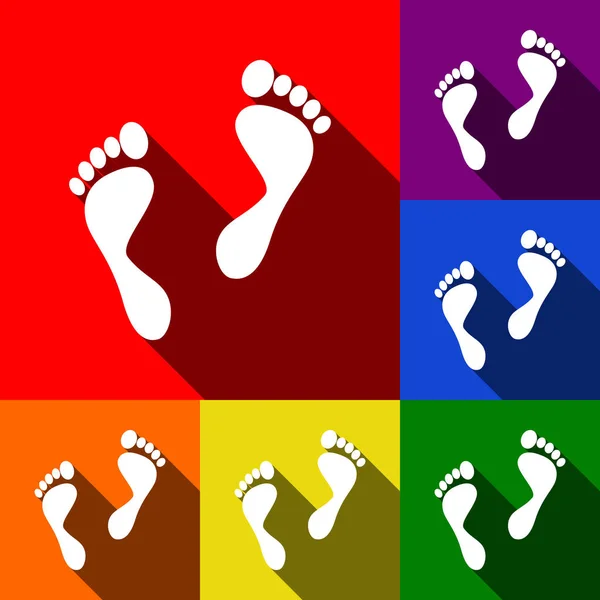 Signo de huellas de pies. Vector. Conjunto de iconos con sombras planas en fondo rojo, naranja, amarillo, verde, azul y violeta . — Archivo Imágenes Vectoriales