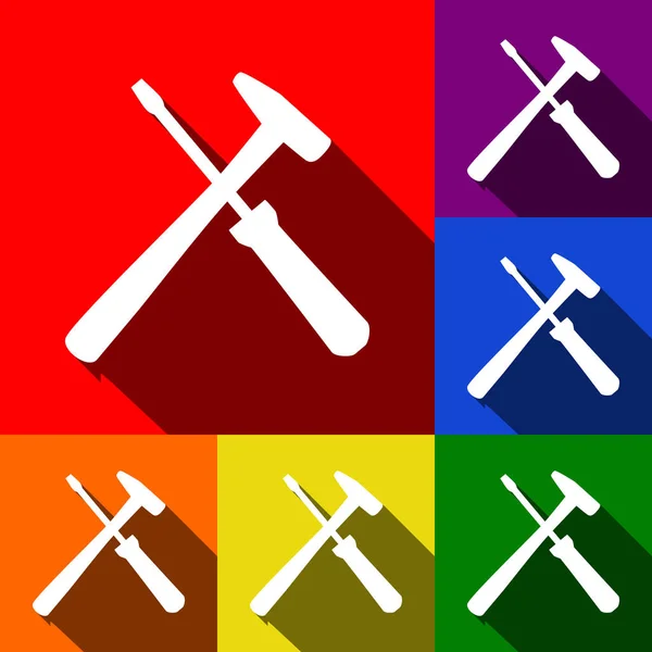 Werkzeuge unterzeichnen Illustration. Vektor. Icons mit flachen Schatten auf rotem, orangefarbenem, gelbem, grünem, blauem und violettem Hintergrund. — Stockvektor