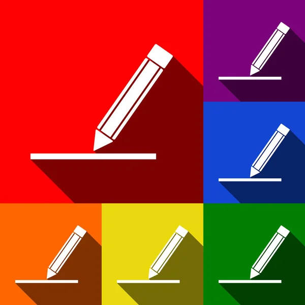 Tužka znamení ilustrace. Vektor. Sada ikon s ploché stíny v červené, oranžové, žluté, zelené, modré a fialové pozadí. — Stockový vektor