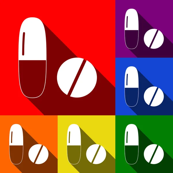Medyczne pigułki znak. Wektor. Zestaw ikon z płaskich cienie w tle czerwony, pomarańczowy, żółty, zielony, niebieski i fioletowe. — Wektor stockowy