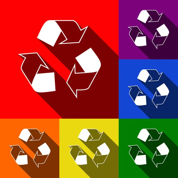 Recycler le concept de logo. Vecteur. Ensemble d'icônes avec des ombres plates à fond rouge, orange, jaune, vert, bleu et violet . — Image vectorielle