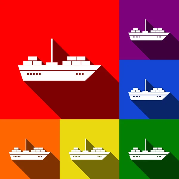 Иллюстрация знака корабля. Вектор. Набор иконок с плоскими тенями на красном, оранжевом, желтом, зеленом, синем и фиолетовом фоне . — стоковый вектор