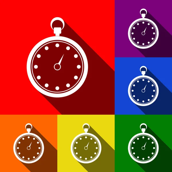 Χρονόμετρο εισόδου εικονογράφηση. Διάνυσμα. Σύνολο εικονιδίων με επίπεδες σκιές στο κόκκινο, πορτοκαλί, κίτρινο, πράσινο, μπλε και μοβ φόντο. — Διανυσματικό Αρχείο