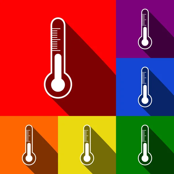 Метеодиагностическая технология знак термометра. Вектор. Набор иконок с плоскими тенями на красном, оранжевом, желтом, зеленом, синем и фиолетовом фоне . — стоковый вектор