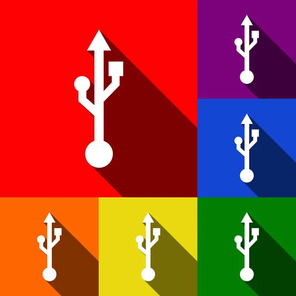 Usb sign illustration. Vektor. Icons mit flachen Schatten auf rotem, orangefarbenem, gelbem, grünem, blauem und violettem Hintergrund. — Stockvektor
