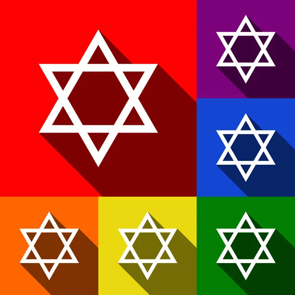 Scudo Magen David Star. Simbolo di Israele. Vettore. Set di icone con ombre piatte su sfondo rosso, arancione, giallo, verde, blu e viola . — Vettoriale Stock