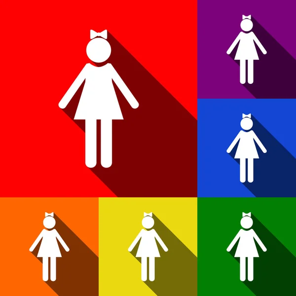 Mädchen-Zeichen-Illustration. Vektor. Icons mit flachen Schatten auf rotem, orangefarbenem, gelbem, grünem, blauem und violettem Hintergrund. — Stockvektor