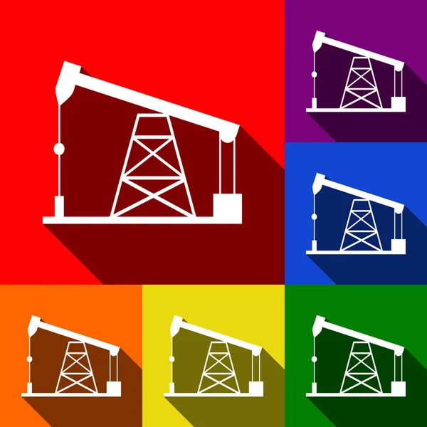 Ölbohrplattform-Schild. Vektor. Icons mit flachen Schatten auf rotem, orangefarbenem, gelbem, grünem, blauem und violettem Hintergrund. — Stockvektor