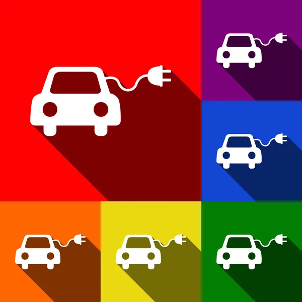 Signo de coche eléctrico ecológico. Vector. Conjunto de iconos con sombras planas en fondo rojo, naranja, amarillo, verde, azul y violeta . — Vector de stock
