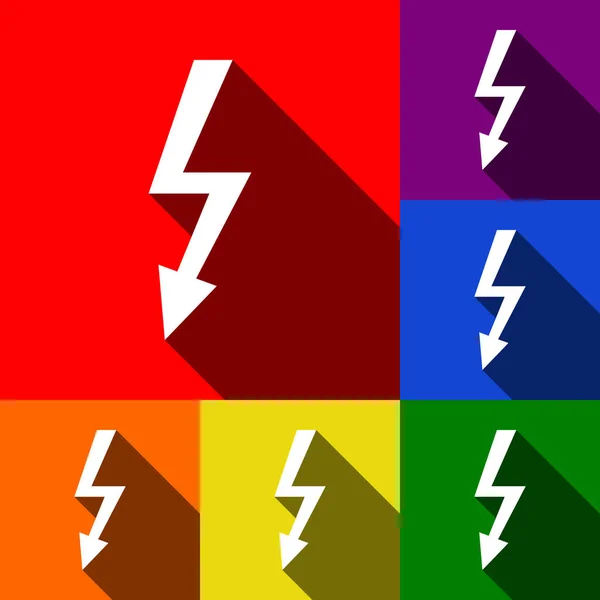 高電圧危険サイン。ベクトル。赤、オレンジ、黄色、緑、青、紫の背景でフラットの影とアイコンのセット. — ストックベクタ