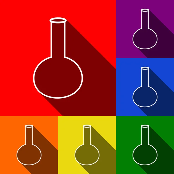 Tüp. Laboratuvar cam işareti. Vektör. Kırmızı, turuncu, sarı, yeşil, mavi ve mor arka plan, düz gölgeler ile simgeler kümesi. — Stok Vektör