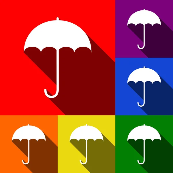 Umbrella sign icon. Rain protection symbol. Flat design style. Vector. Set of icons with flat shadows at red, orange, yellow, green, blue and violet background. — Stock Vector