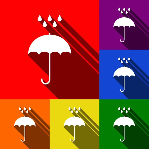 Deštník s kapkami vody. Déšť symbol ochrany. Plochý design styl. Vektor. Sada ikon s ploché stíny v červené, oranžové, žluté, zelené, modré a fialové pozadí. — Stockový vektor