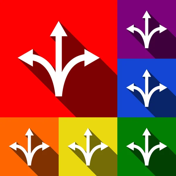 Hármas irányát a nyíl jel. Vektor. Lapos árnyékok a piros, narancs, sárga, zöld, kék és lila háttér ikonok. — Stock Vector