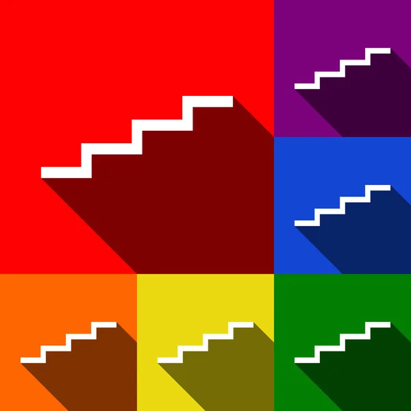 Schodiště se znamení. Vektor. Sada ikon s ploché stíny v červené, oranžové, žluté, zelené, modré a fialové pozadí. — Stockový vektor