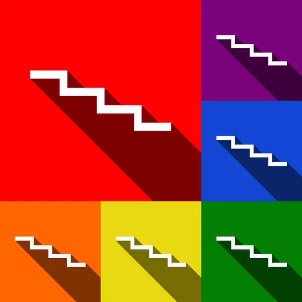 Schodiště dolů znamení. Vektor. Sada ikon s ploché stíny v červené, oranžové, žluté, zelené, modré a fialové pozadí. — Stockový vektor