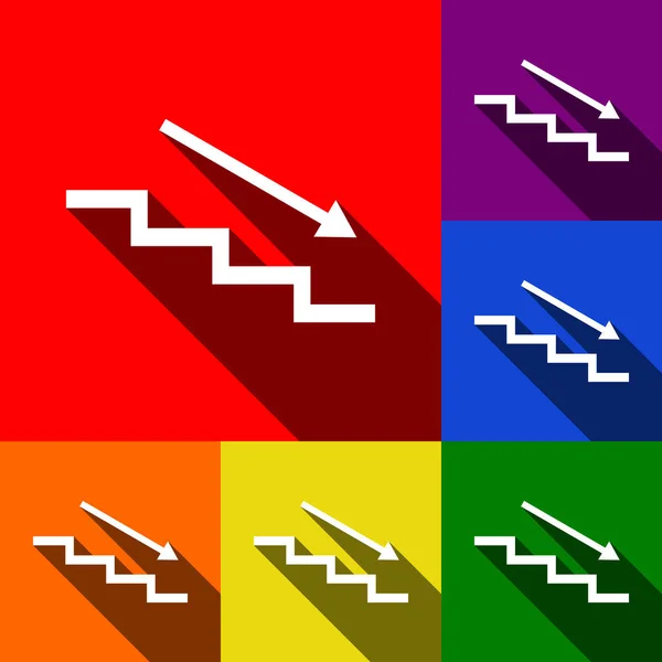 Escalera abajo con flecha. Vector. Conjunto de iconos con sombras planas en fondo rojo, naranja, amarillo, verde, azul y violeta . — Vector de stock