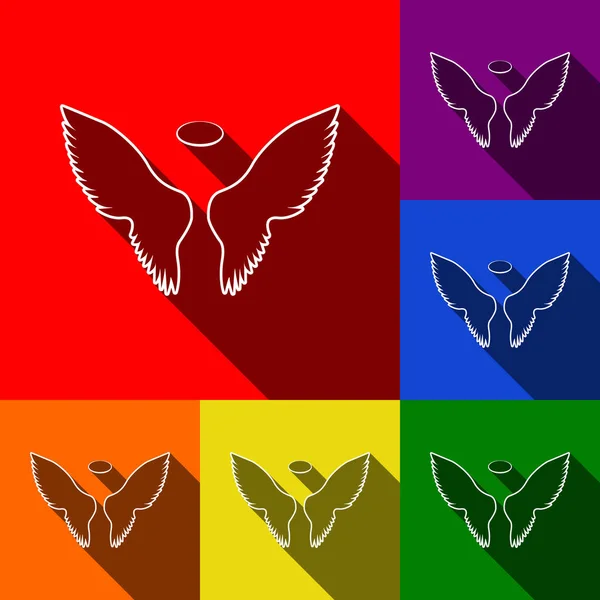 Flügel signalisieren Illustration. Vektor. Icons mit flachen Schatten auf rotem, orangefarbenem, gelbem, grünem, blauem und violettem Hintergrund. — Stockvektor