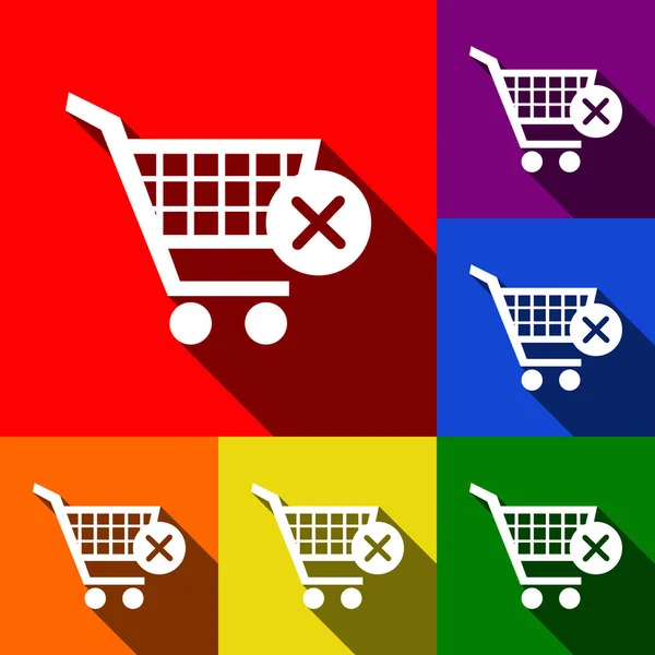 Shopping Cart with delete sign. Вектор. Набор иконок с плоскими тенями на красном, оранжевом, желтом, зеленом, синем и фиолетовом фоне . — стоковый вектор