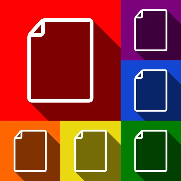Abbildung eines vertikalen Dokumentzeichens. Vektor. Icons mit flachen Schatten auf rotem, orangefarbenem, gelbem, grünem, blauem und violettem Hintergrund. — Stockvektor