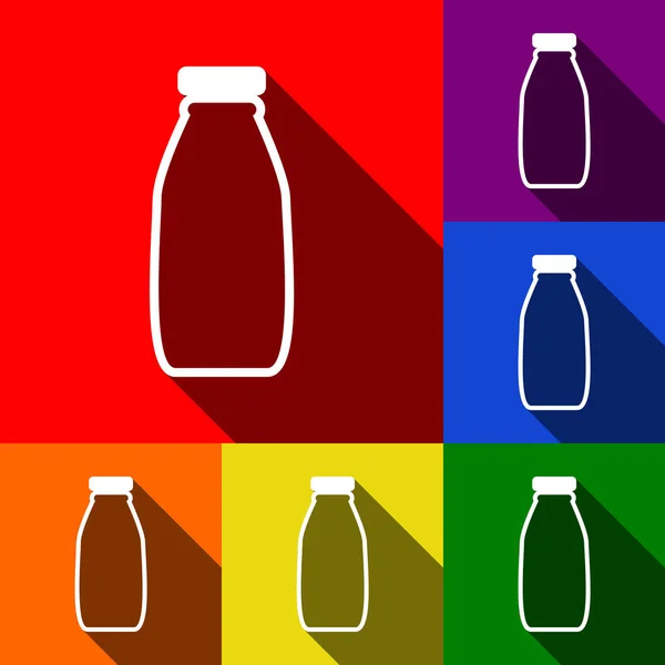 Señal de botella de leche. Vector. Conjunto de iconos con sombras planas en fondo rojo, naranja, amarillo, verde, azul y violeta . — Vector de stock