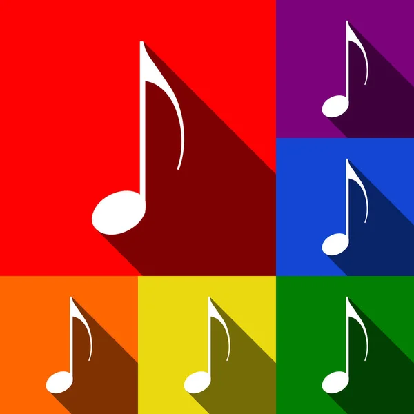 Signo de nota musical. Vector. Conjunto de iconos con sombras planas en fondo rojo, naranja, amarillo, verde, azul y violeta . — Archivo Imágenes Vectoriales