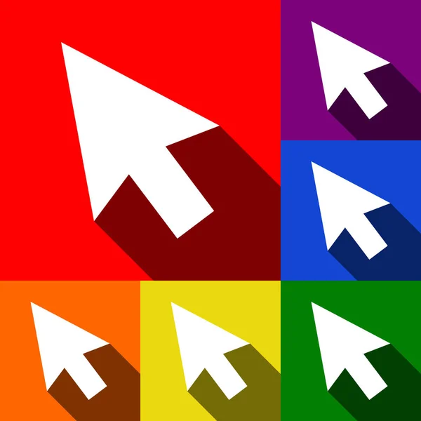 Freccia segno illustrazione. Vettore. Set di icone con ombre piatte su sfondo rosso, arancione, giallo, verde, blu e viola . — Vettoriale Stock