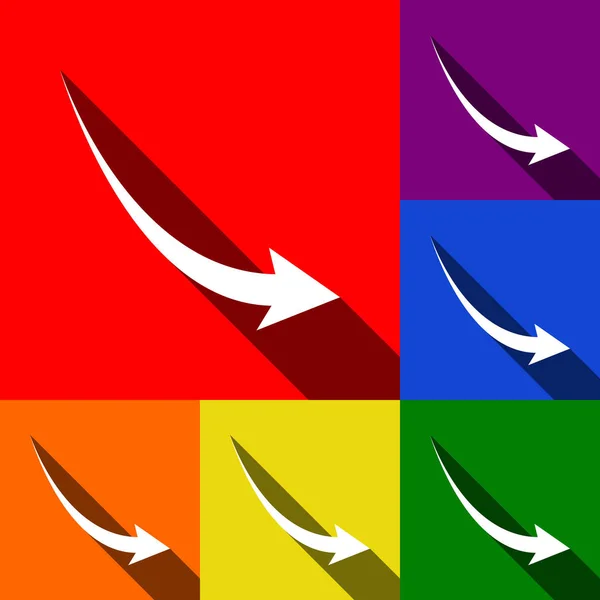 Abnehmendes Pfeilzeichen. Vektor. Icons mit flachen Schatten auf rotem, orangefarbenem, gelbem, grünem, blauem und violettem Hintergrund. — Stockvektor