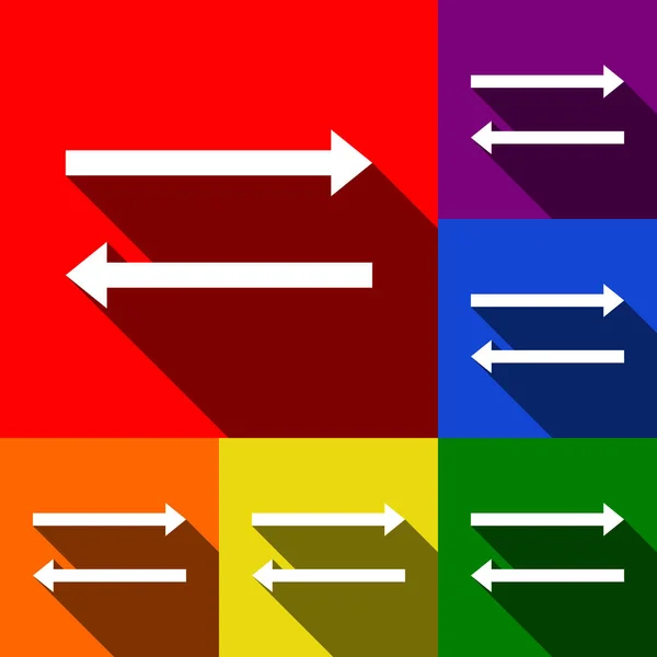 Pfeil einfaches Zeichen. Vektor. Icons mit flachen Schatten auf rotem, orangefarbenem, gelbem, grünem, blauem und violettem Hintergrund. — Stockvektor