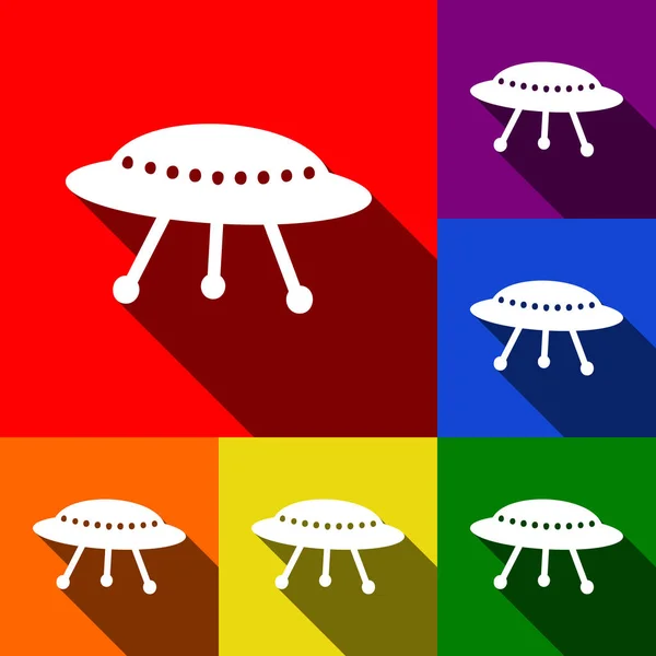 UFO egyszerű jel. Vektor. Lapos árnyékok a piros, narancs, sárga, zöld, kék és lila háttér ikonok. — Stock Vector