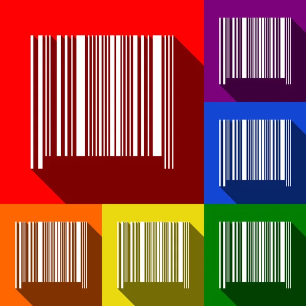 Signo de código de barras. Vector. Conjunto de iconos con sombras planas en fondo rojo, naranja, amarillo, verde, azul y violeta . — Vector de stock