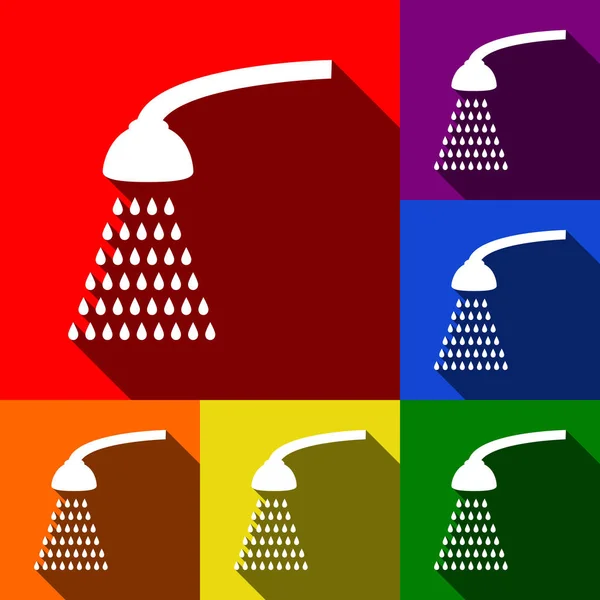 Douche simple signe. Vecteur. Ensemble d'icônes avec des ombres plates à fond rouge, orange, jaune, vert, bleu et violet . — Image vectorielle
