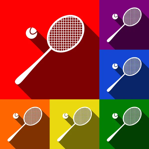 Señal de raqueta de tenis. Vector. Conjunto de iconos con sombras planas en fondo rojo, naranja, amarillo, verde, azul y violeta . — Vector de stock