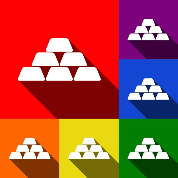 Zlatý jednoduchý znamení. Vektor. Sada ikon s ploché stíny v červené, oranžové, žluté, zelené, modré a fialové pozadí. — Stockový vektor