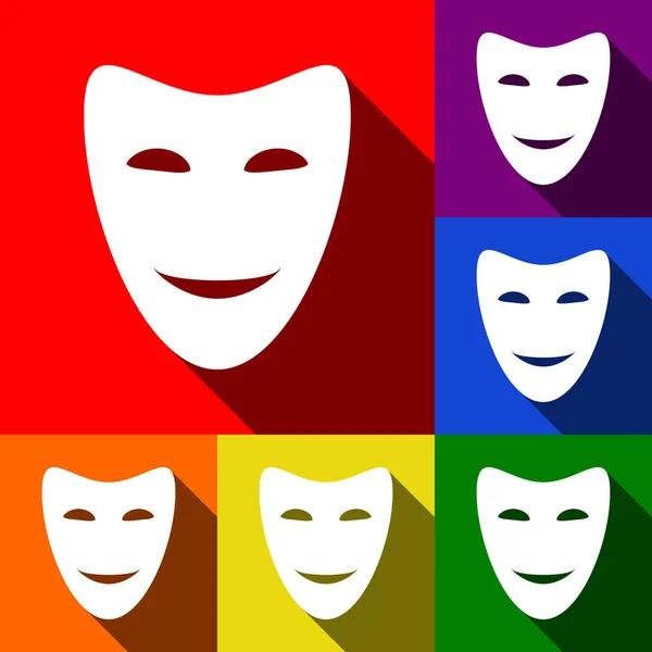 Theatralische Masken. Vektor. Icons mit flachen Schatten auf rotem, orangefarbenem, gelbem, grünem, blauem und violettem Hintergrund. — Stockvektor