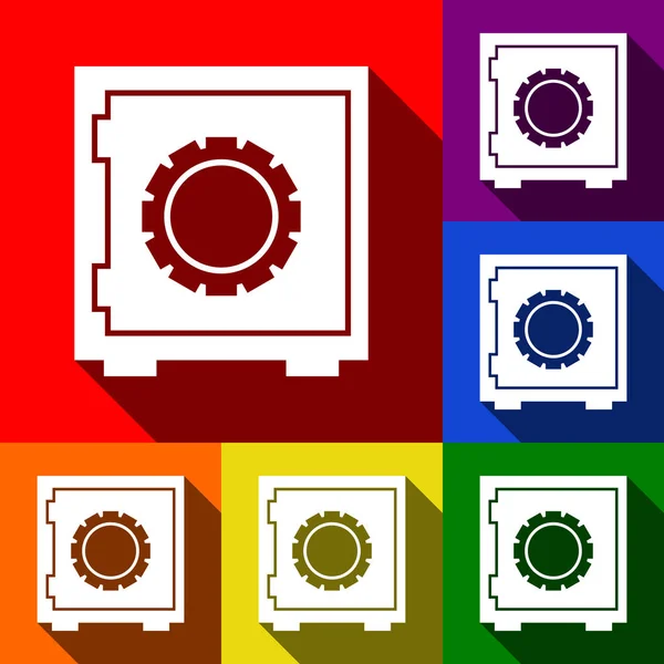 Ein sicheres Zeichen. Vektor. Icons mit flachen Schatten auf rotem, orangefarbenem, gelbem, grünem, blauem und violettem Hintergrund. — Stockvektor