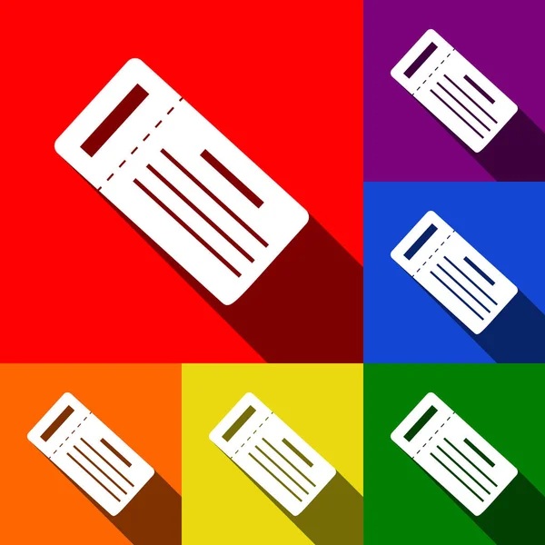 Jednoduchý registrační lístek. Vektor. Sada ikon s ploché stíny v červené, oranžové, žluté, zelené, modré a fialové pozadí. — Stockový vektor