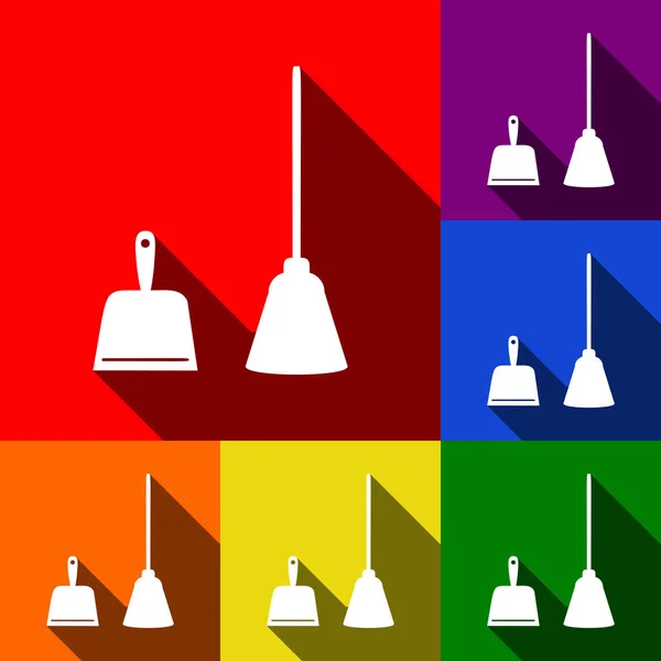 ちりとりベクトル記号。ゴミ家事ちりとり装置を洗浄するためのスクープ。ベクトル。赤、オレンジ、黄色、緑、青、紫の背景でフラットの影とアイコンのセット. — ストックベクタ