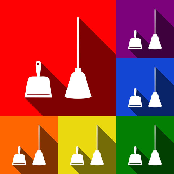 Dustpan vector sign. Scoop for cleaning garbage housework dustpan equipment. Vector. Set of icons with flat shadows at red, orange, yellow, green, blue and violet background.