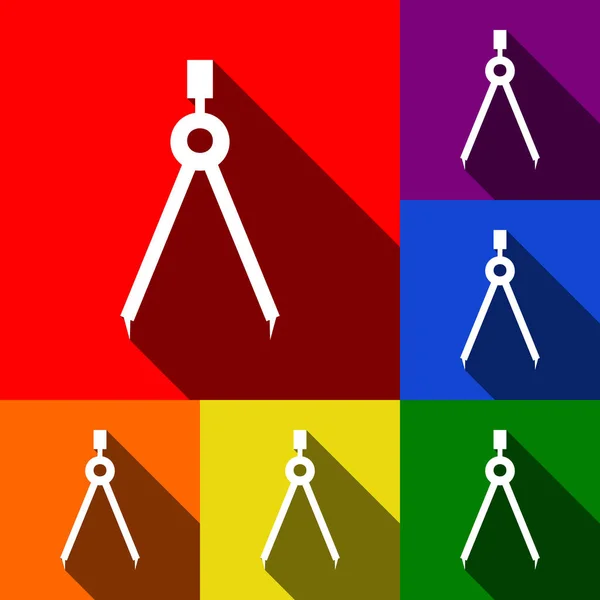 Teiler einfaches Zeichen. Vektor. Icons mit flachen Schatten auf rotem, orangefarbenem, gelbem, grünem, blauem und violettem Hintergrund. — Stockvektor