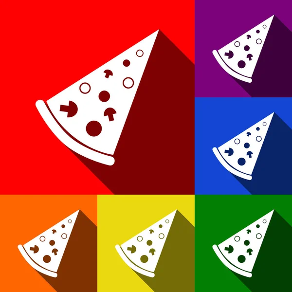 Pizza enkla tecken. Vektor. Uppsättning ikoner med platt skuggor i röd, orange, gul, grön, blå och lila bakgrund. — Stock vektor