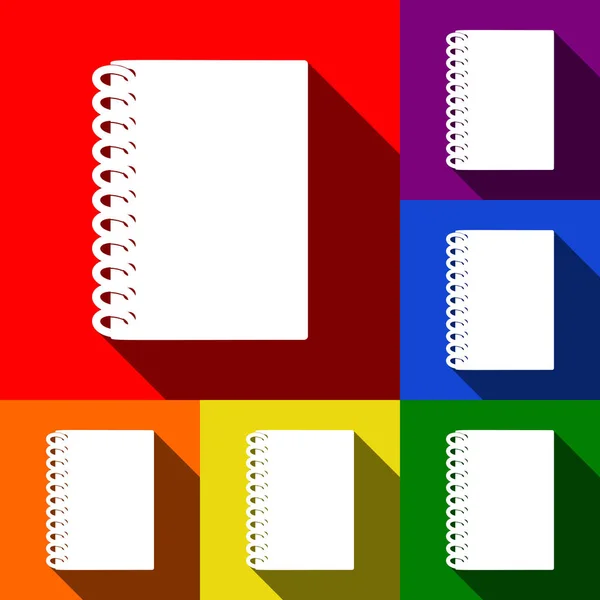 Señal simple de cuaderno. Vector. Conjunto de iconos con sombras planas en fondo rojo, naranja, amarillo, verde, azul y violeta . — Vector de stock