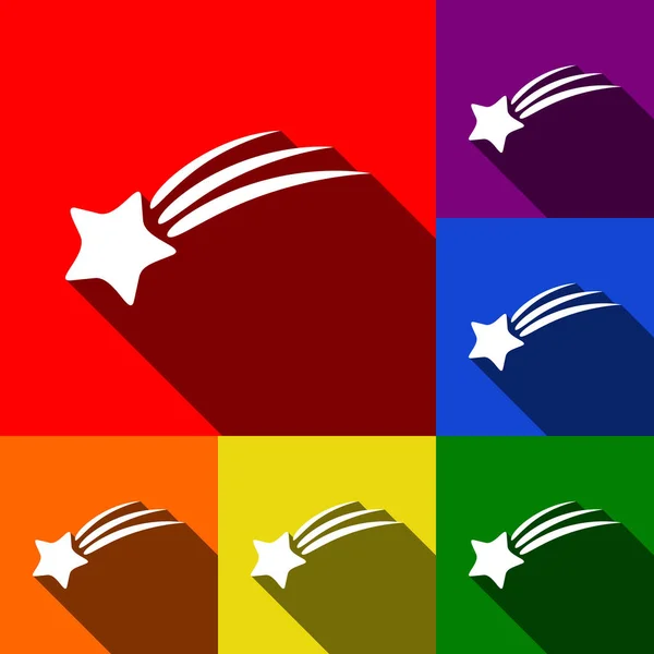 Sternschnuppenzeichen. Vektor. Icons mit flachen Schatten auf rotem, orangefarbenem, gelbem, grünem, blauem und violettem Hintergrund. — Stockvektor