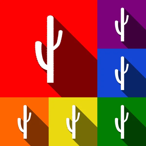 Segno semplice di cactus. Vettore. Set di icone con ombre piatte su sfondo rosso, arancione, giallo, verde, blu e viola . — Vettoriale Stock
