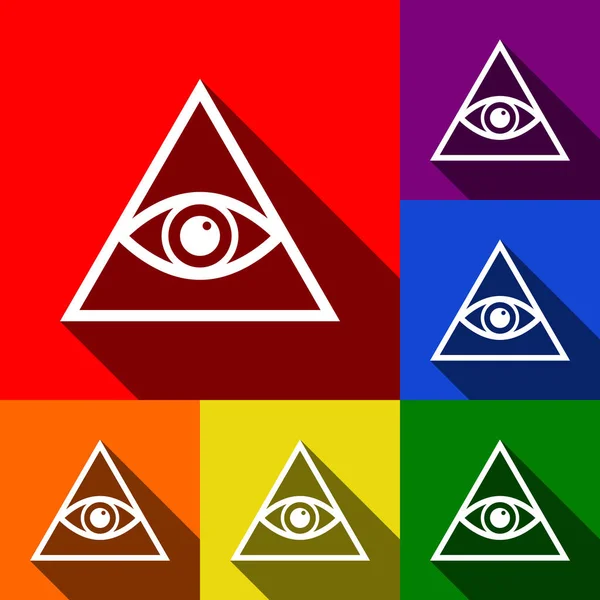 All seeing eye piramidy symbol. Masonem i duchowych. Wektor. Zestaw ikon z płaskich cienie w tle czerwony, pomarańczowy, żółty, zielony, niebieski i fioletowe. — Wektor stockowy