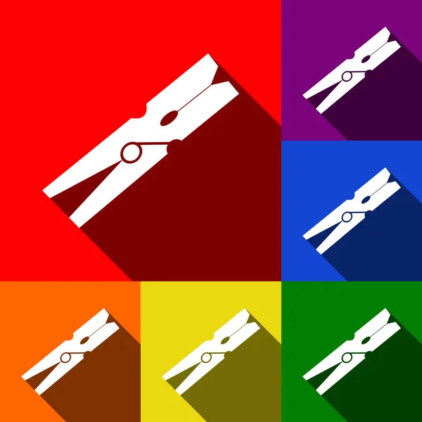 Wäscheklammer-Zeichen. Vektor. Icons mit flachen Schatten auf rotem, orangefarbenem, gelbem, grünem, blauem und violettem Hintergrund. — Stockvektor