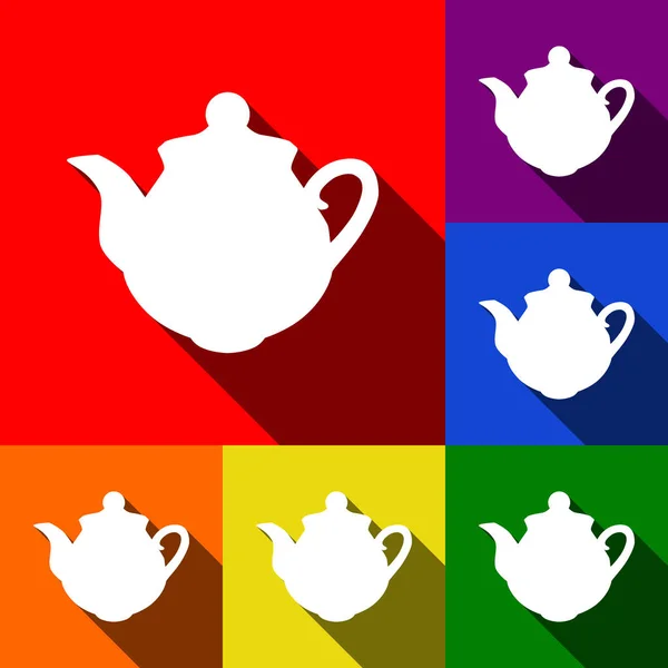 Tea maker tecken. Vektor. Uppsättning ikoner med platt skuggor i röd, orange, gul, grön, blå och lila bakgrund. — Stock vektor