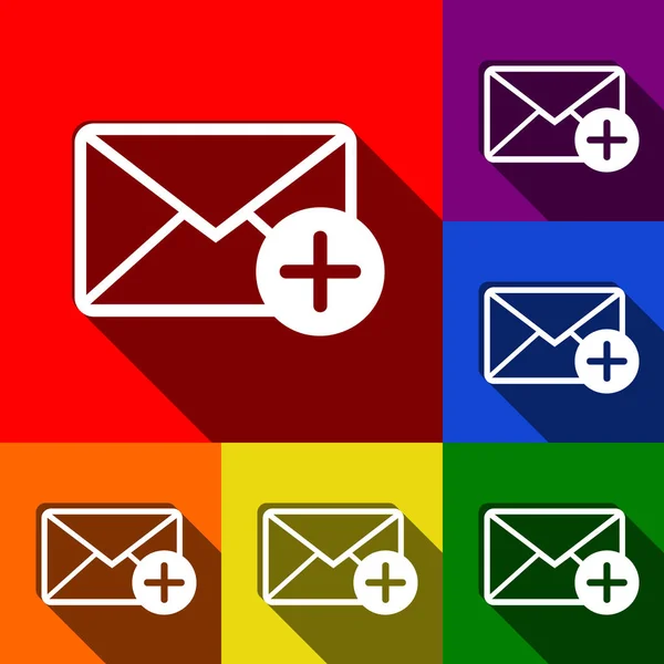 Illustration de signe de courrier avec ajouter une marque. Vecteur. Ensemble d'icônes avec des ombres plates à fond rouge, orange, jaune, vert, bleu et violet . — Image vectorielle
